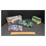 Assorted Lot Display Case, Car & Train Tolley Tins