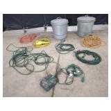 Assorted Electric Cords & 2 Galvanized Cans