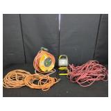 Assorted Electric Extension Cords & Shop Light