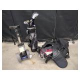 Assorted Lot of Golf Clubs, Bags and Rolling Cart