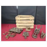 Cast Iron Items with Wooden Crate