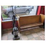 Wooden Bench, Shark Vacuum, and Metal Stand