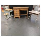 Kneehole Desk Lot with Two School Desks