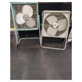 Two Box Fans On Mobile Stands