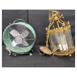 METAL FAN AND BRASS AND GLASS CHANDELIER