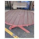 WOOD SLAT BENCH AND ROUND WOODEN TABLE