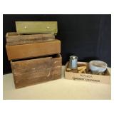 WOODEN CRATES AND MORTAR AND PESTLE SETS