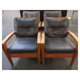 FOUR WOOD FRAMED LOUNGE CHAIRS W/ CUSHIONS