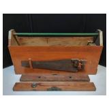 WOODEN TOOL CADDY WITH SAW AND LEVELS