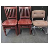 PAIR WOODEN CHAIRS AND 1 UPHOLSTERED CHAIR