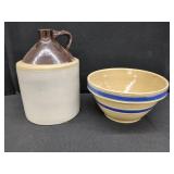STONEWARE JUG AND BLUE BANDED BOWL