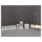 GLASS JARS, METAL PAIL, AND PRISMS LOT