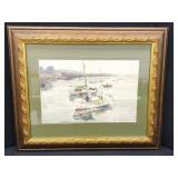 J. NEWMAN WATERCOLOR BOATS AT HARBOR