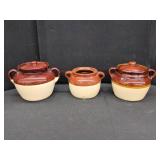 3 BROWN AND CREAM STONEWARE CROCKS