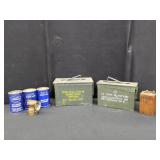 MINERS LAMP, CALCIUM CARBIDE, AMMO BOX LOT