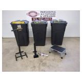 3 TRASH BINS, STEP STOOL, TRASH COMPACTOR