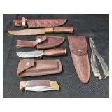 FOUR FIXED & FOLDING KNIVES WITH SHEATHS