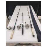 THREE FISHING ROD AND REEL COMBOS ASSORTED MAKERS