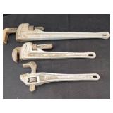 THREE RIDGID ALUMINUM HD PIPE WRENCHES.