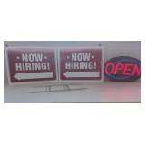 LED OPEN SIGN AND 2 NOW HIRING SIGNS WITH STAKES