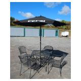 METAL PATIO TABLE, FOUR CHAIRS & PEPSI UMBRELLA