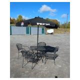 METAL PATIO TABLE, 4 CHAIRS, PEPSI UMBRELLA