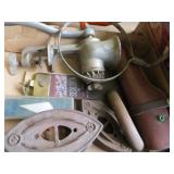 Box w/Sad Irons, Holster, razor strap & food