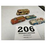 Vintage lot of 4 small tin type cars. 3 are