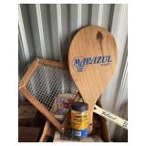 Vintage tennis racket, one racquetball and