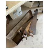 A vintage saw carrying case with vintage hand