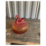 Swan amberina  covered dish, damaged