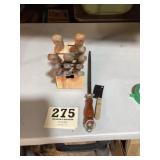 Wood handled Kitchen Knives in holder & Sharpener