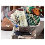 Clothes basket and pillows and rugs lot