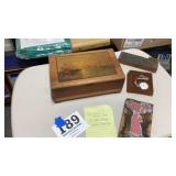 Decorative wooden box ,2 ink stamps, and pocket