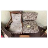 Two vintage chairs and a wooden footstool