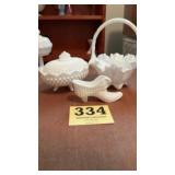 Fenton shoe, milk glass basket candy dishes and