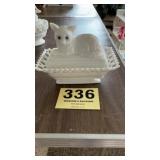 West Moreland cat milk glass dish