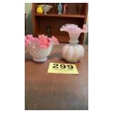 Pink and white hob nail vase and pink glass vase