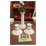 Milk glass candle set and slender vase