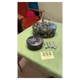 Tin Sewing basket, trinket box, souvenir spoons