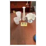 Milk glass vase, glasses and candy dish