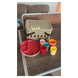 Vintage Metal Picnic Basket & plastic cups and