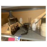 Shelf lot with candles and lamp, parts and vases