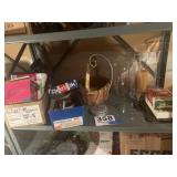 Shelf lot with Easter, baskets, glue sticks, and