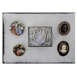 (4) Vintage Brooches & Jewelry Box