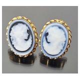 14KT Gold & Blue Agate Cameo Earrings