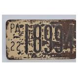 1922 Pennsylvania Motorcycle Plate