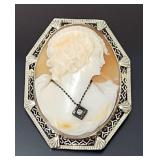 14KT Gold w/Diamond Accent Shell Cameo Brooch