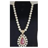 Sterling Silver Freshwater Pearl & Ruby Necklace
