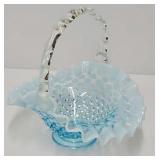 Fenton 7 1/2" Blue Opalescent Hobnail Glass Basket